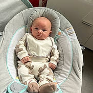 Kayden participe au concours pour gagner de l'argent avec cette photo : baby, infant, newborn, face, bib, onesie, baby_bouncer, baby_seat, cushion, socks, hands, feet, concerned_expression, indoor, cabinet, shopping_bag, fabric, dots_pattern, soft_padded, portrait