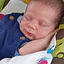 baby, sleeping, infant, blue_clothing, blanket, cushion, closeup, peaceful, resting, newborn, face, hand, indoors, soft, cute, child, portrait, comfort, sleep, cozy