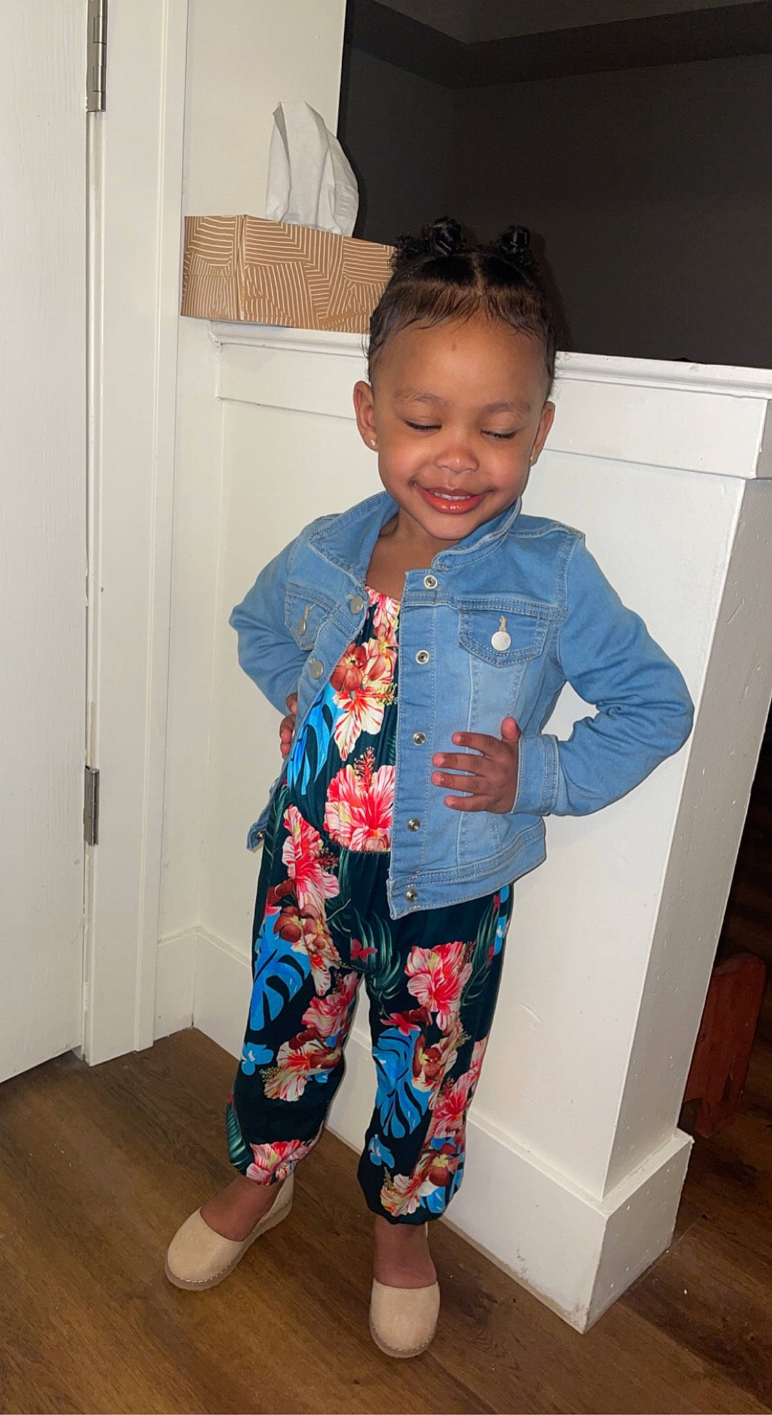 Nyasia is registered to the contest to win money with this photo: baby_toddler_clothing, child, clothing, denim, door, electric_blue, floor, flooring, fun, happy, joy, leg, neck, outerwear, pattern, person, skin, sleeve, smile, standing