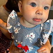 Cecilia joined the competition — help win amazing prizes! baby, child, face, blue_dress, floral_pattern, red_bow, tongue_out, cute, person, holding, hand, headband, earring, indoor, adult, skin, expression, portrait, close_up, happy