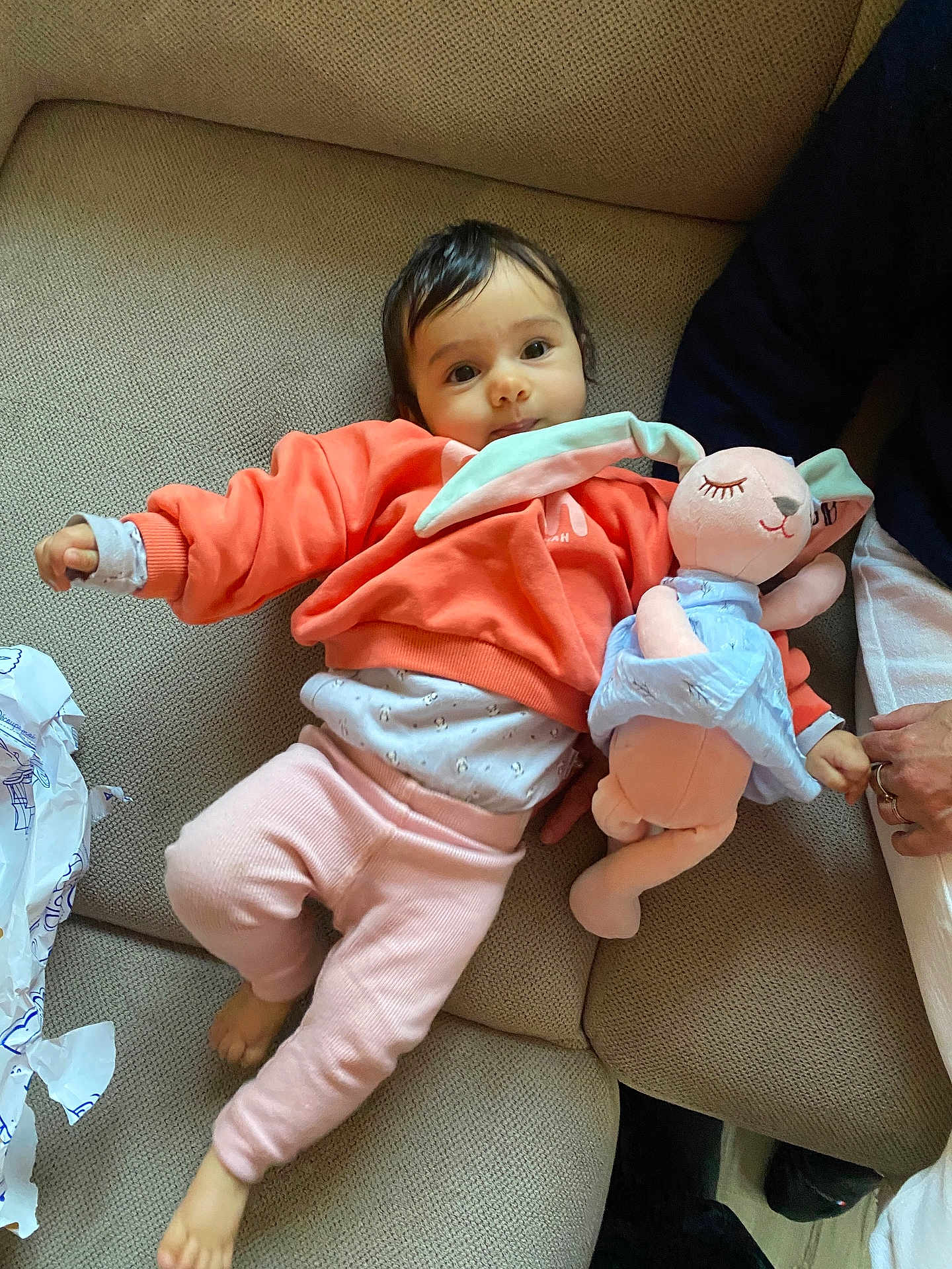 Aleyna participe au concours pour gagner de l'argent avec cette photo : baby, child, plush_toy, couch, clothing, pink_pants, coral_sweatshirt, soft_toy, hand, indoor, cute, face, person, relaxing, comfort, furniture, holding, smiling, toy, infant