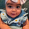 baby, child, infant, headband, bow, bracelet, clothing, cute, daisy, dress, face, hands, jewelry, person, portrait, sitting, skin, smile, toddler, young
