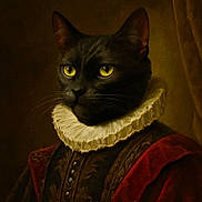Keblack participe au concours pour gagner de l'argent avec cette photo : animal_portrait, artistic, black_cat, close_up, costume, dark_background, detailed_texture, dramatic_lighting, ears, feline, fur, historical_style, indoor, luxury_clothing, portrait, renaissance_style, ruffled_collar, serious_expression, whiskers, yellow_eyes