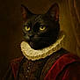 animal_portrait, artistic, black_cat, close_up, costume, dark_background, detailed_texture, dramatic_lighting, ears, feline, fur, historical_style, indoor, luxury_clothing, portrait, renaissance_style, ruffled_collar, serious_expression, whiskers, yellow_eyes