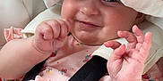 Adalynn is registered to the contest to win money with this photo: baby, child, hat, pink_dress, car_seat, smile, hands, straps, cute, infant, face, playful, seatbelt, clothing, closeup, portrait, happy, skin, headwear, sitting