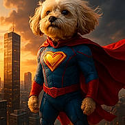 Dr. Brady is registered to the contest to win money with this photo: dog, superhero, costume, cape, cityscape, sunset, skyline, building, rooftop, fur, hero, cape_flying, urban, dog_face, red_boots, blue_suit, orange_sky, dramatic_lighting, standing_pose, cape_wind
