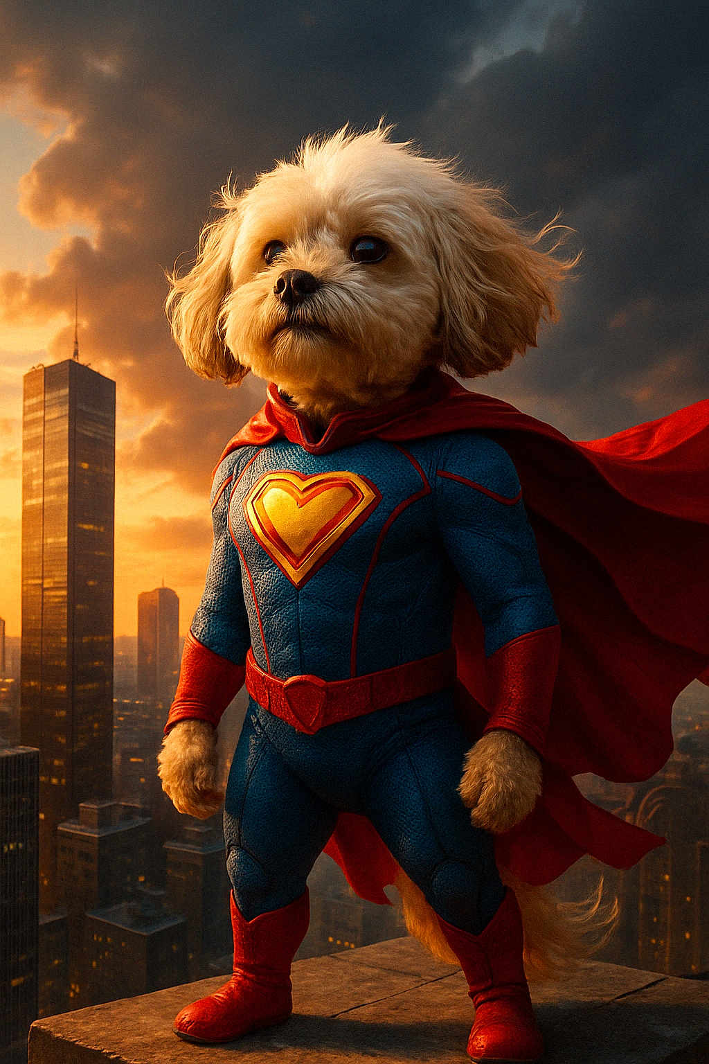 Dr. Brady is registered to the contest to win money with this photo: dog, superhero, costume, cape, cityscape, sunset, skyline, building, rooftop, fur, hero, cape_flying, urban, dog_face, red_boots, blue_suit, orange_sky, dramatic_lighting, standing_pose, cape_wind