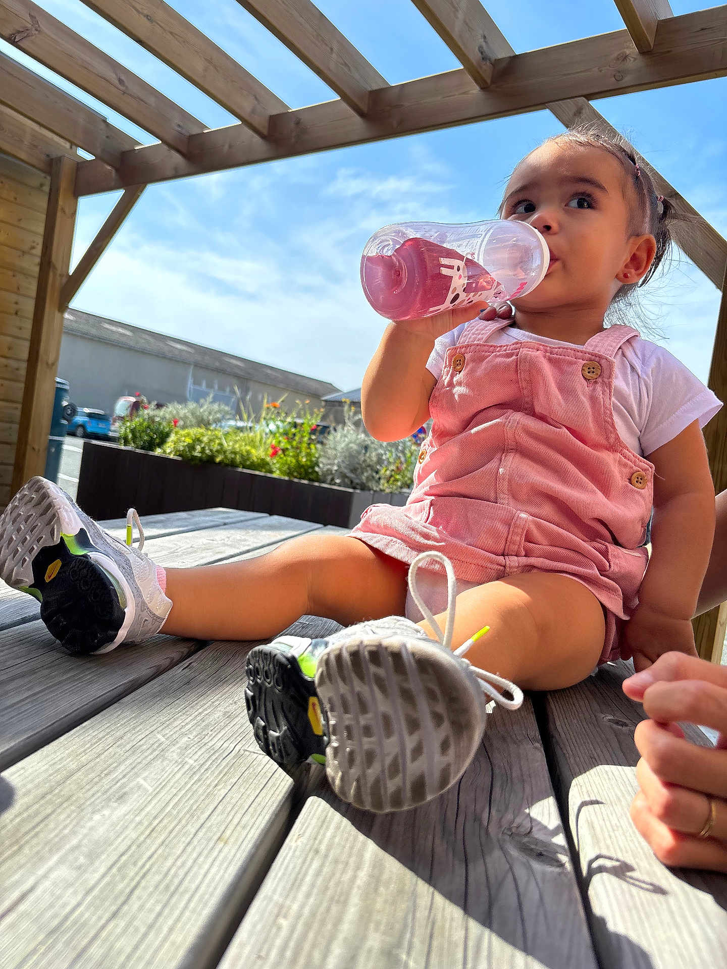 Harmonie participe au concours pour gagner de l'argent avec cette photo : child, toddler, pink_overalls, sitting, outdoor, sunlight, sky, wooden_deck, drinking, bottle, shoes, white_tshirt, pergola, plants, flowers, hand, curious, daylight, casual, young_child