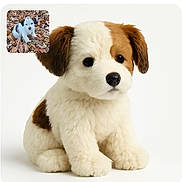 Tilly is registered to the contest to win money with this photo: stuffed_animal, plush, dog, puppy, toy, white_background, brown_spots, cute, soft, small_inset_photo, autumn_leaves, outdoor, playful, animal, pet, fur, ears, nose, sitting, comparison