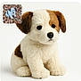 stuffed_animal, plush, dog, puppy, toy, white_background, brown_spots, cute, soft, small_inset_photo, autumn_leaves, outdoor, playful, animal, pet, fur, ears, nose, sitting, comparison
