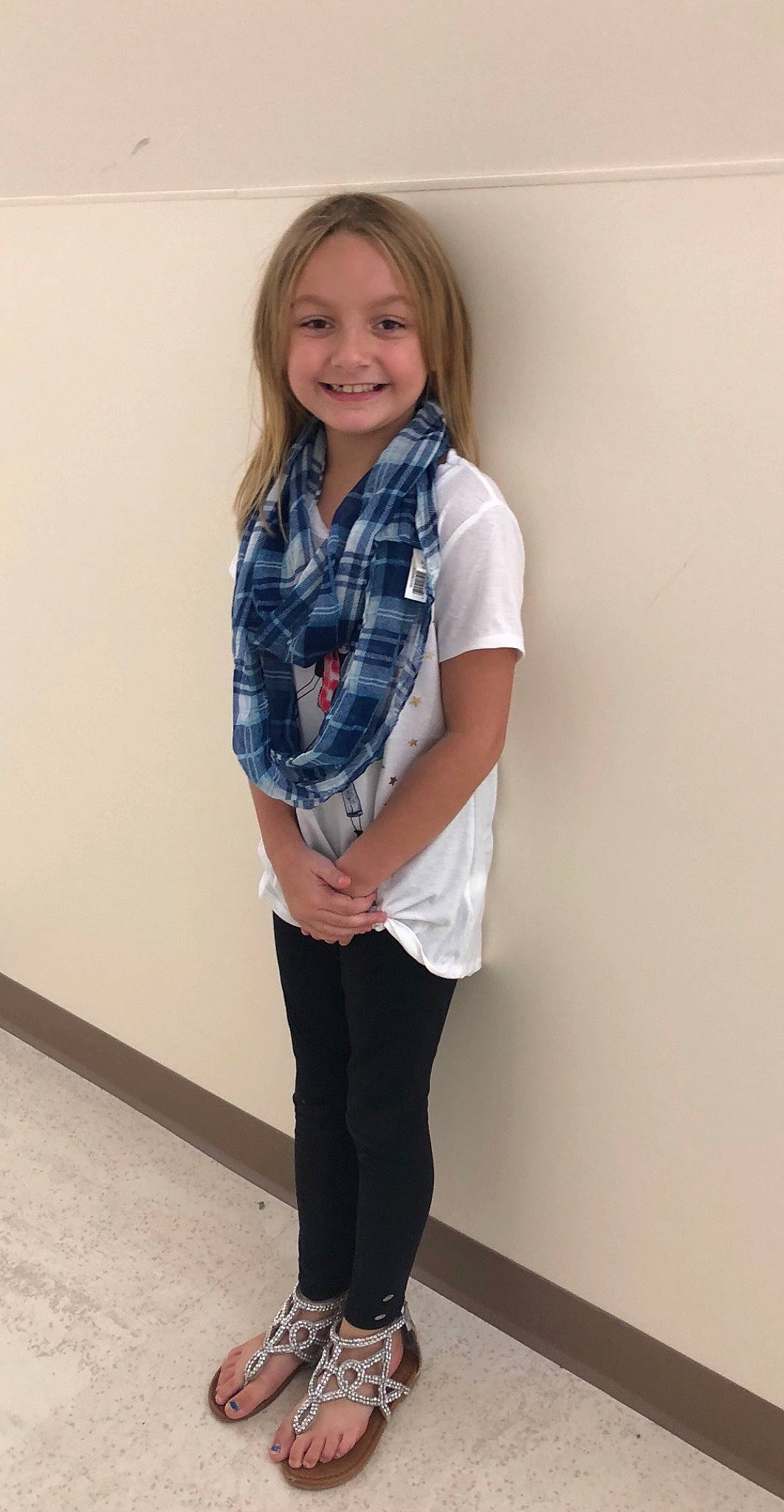 Chelsea joined the competition — help win amazing prizes! blue, child_model, clothing, denim, electric_blue, fashion_accessory, footwear, jeans, joint, joy, knee, neck, outerwear, pattern, person, scarf, shoe, shoulder, sleeve, standing