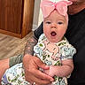baby, child, pink_bow, tattoo, adult_hand, indoor, wooden_floor, wooden_furniture, cute, surprised_expression, clothing, patterned_dress, person, holding, portrait, skin, face, sitting, casual, family