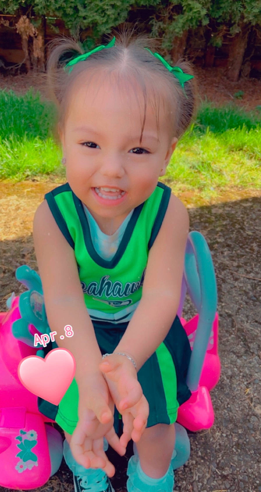 Jaylin joined the competition — help win amazing prizes! baby, baby_products, baby_toddler_clothing, child, fun, green, joy, person, pink, play, product, skin, smile, toddler
