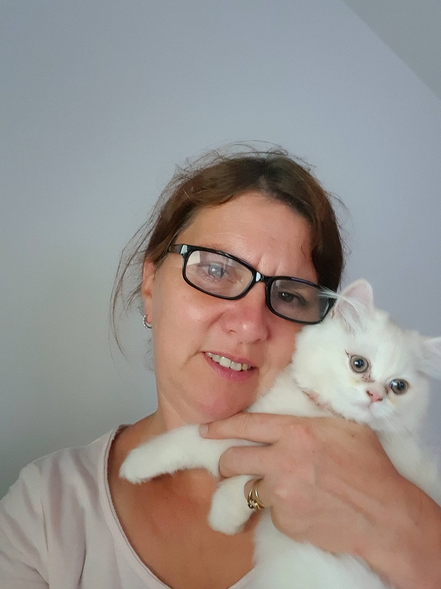 Titi participe au concours pour gagner de l'argent avec cette photo : carnivoran, cat, cat_like_mammal, ear, eye, eyewear, face, girl, glasses, joy, kitten, lip, mammal, nose, person, shoulder, skin, small_to_medium_sized_cats, smile, vertebrate