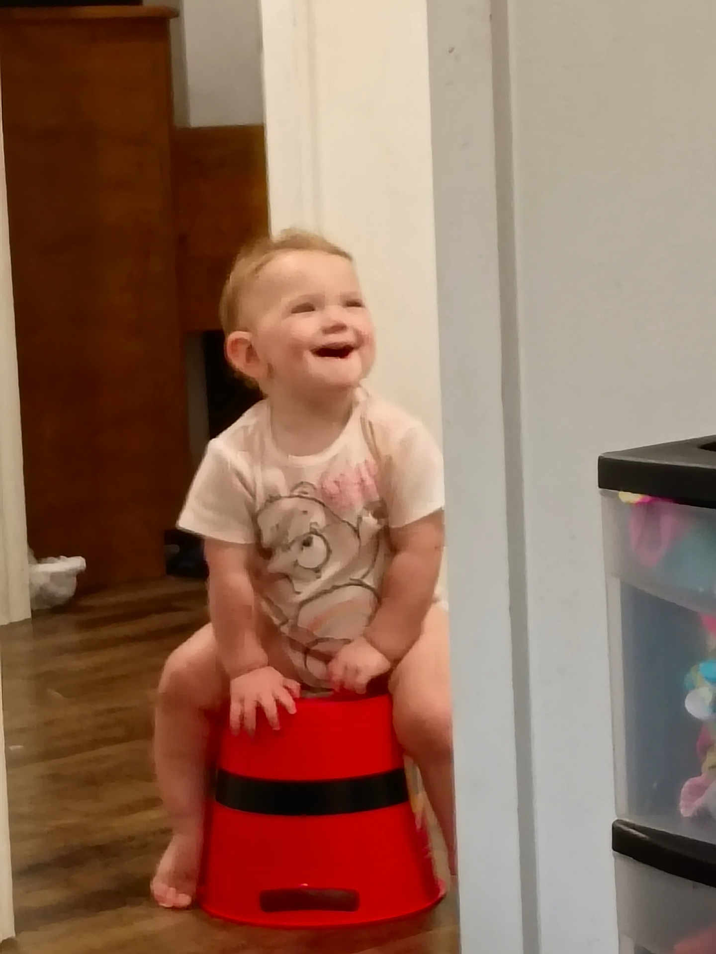 Amelia Stanberry joined the competition — help win amazing prizes! toddler, child, smile, laughing, red_bucket, sitting, onesie, bear_print, indoor, hardwood_floor, doorway, toys, plastic_drawer, candid, joyful, hands, legs, bare_feet, home_interior, playtime
