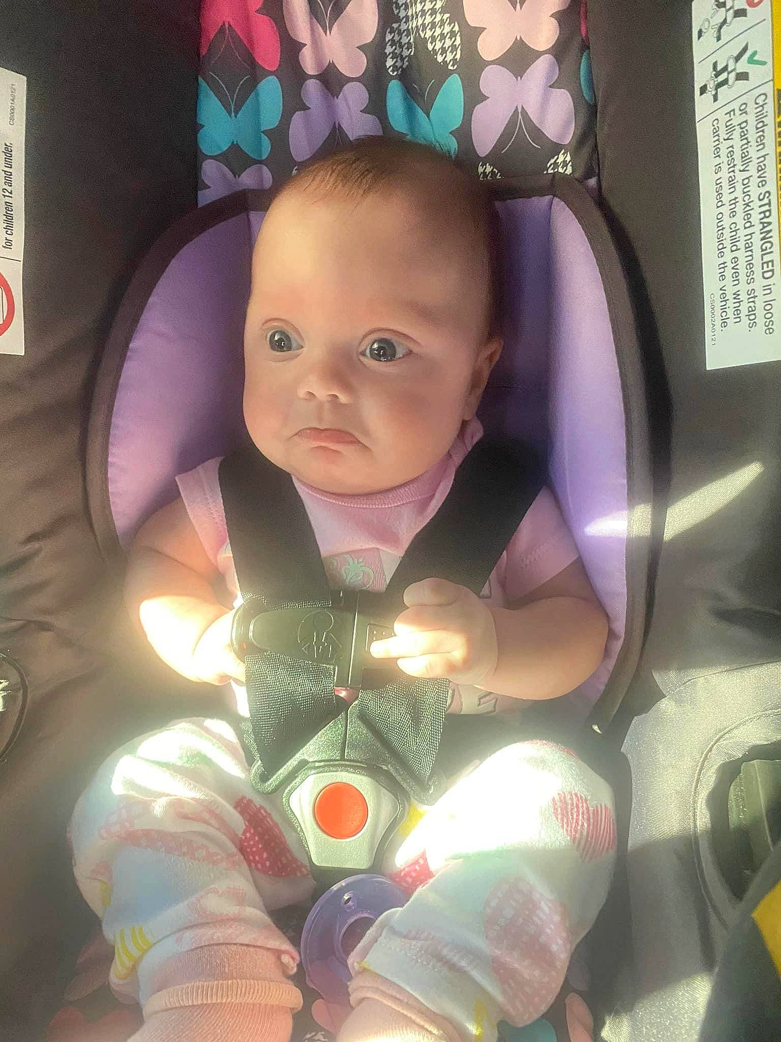 Saylor joined the competition — help win amazing prizes! baby, baby_carriage, baby_products, baby_toddler_clothing, car_seat, cheek, cool, finger, iris, person, pink, product, purple, selfie, service, sitting, skin, space, thumb, toddler