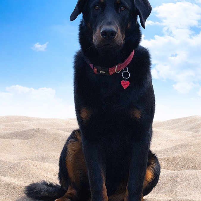 Ando a rejoint le concours — aidez-le/la à gagner de superbes lots ! attentive, beach, black_fur, brown_markings, canine, collar, dog, ears, horizon, outdoors, paws, pet, portrait, sand, sitting, sky, sunlight, sunny, tag, tail