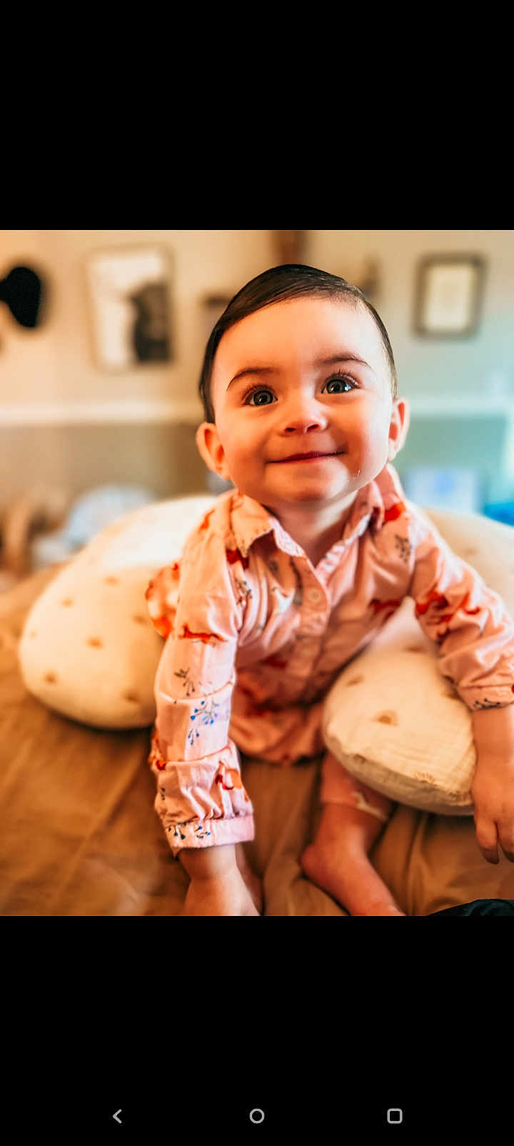 Nezuko joined the competition — help win amazing prizes! baby, bed, child, cute, eyes, face, hair, happy, home, indoors, infant, patterned_clothing, person, pillow, portrait, shirt, skin, smiling, toddler, young_child