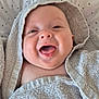 baby, towel, smiling, happy, infant, face, skin, blanket, cute, child, portrait, lying_down, closeup, bed, comfort, expression, mouth_open, eyes, pink_skin, soft