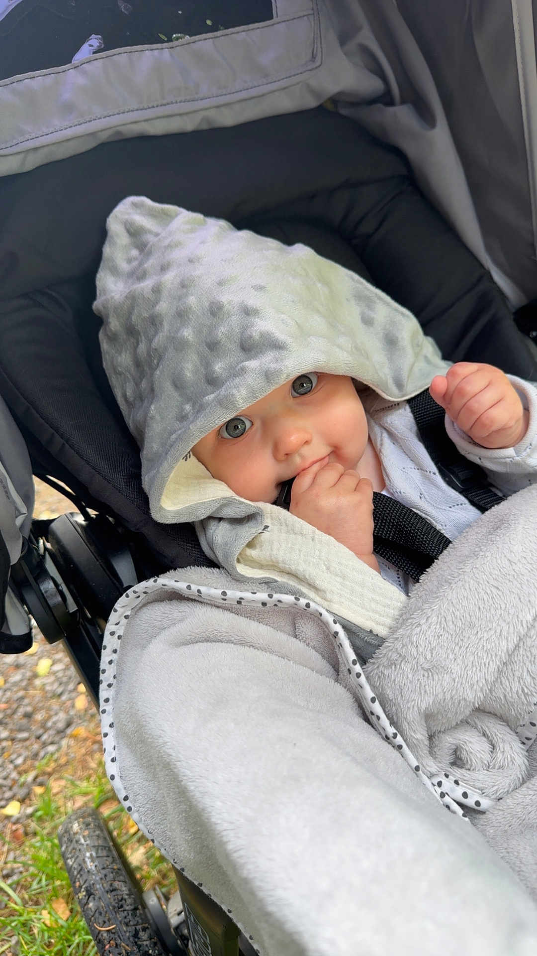 Romy a rejoint le concours — aidez-le/la à gagner de superbes lots ! baby, baby_boy, baby_girl, blanket, blue_eyes, child, clothing, cozy, cute, face, hand, hood, infant, nature, outdoor, person, portrait, seat, stroller, warm