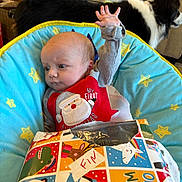 Finley joined the competition — help win amazing prizes! baby, infant, christmas, holiday, chair, blue, pattern, hand, dog, black_and_white, person, background, gift_wrap, colorful, cute, indoors, cozy, festive, raising_hand, expression