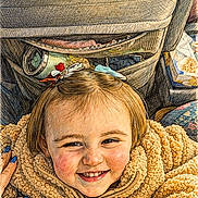Ivy is registered to the contest to win money with this photo: child, smiling, girl, hair_clip, jacket, car_seat, hand, nail_polish, rosy_cheeks, portrait, cozy, happy, travel, seat_back, clothing, childhood, cute, warm, closeup, face