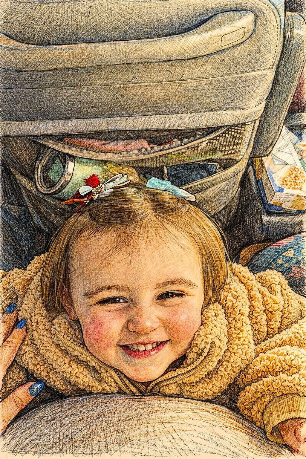 Ivy is registered to the contest to win money with this photo: child, smiling, girl, hair_clip, jacket, car_seat, hand, nail_polish, rosy_cheeks, portrait, cozy, happy, travel, seat_back, clothing, childhood, cute, warm, closeup, face