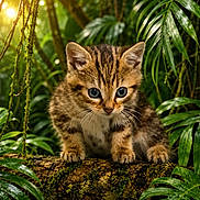 Simba a rejoint le concours — aidez-le/la à gagner de superbes lots ! kitten, cat, animal, baby_animal, wildlife, greenery, jungle, forest, moss, log, nature, sunlight, leaves, plants, cute, curious, small, fur, whiskers, outdoor
