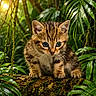 animal, baby_animal, cat, curious, cute, forest, fur, greenery, jungle, kitten, leaves, log, moss, nature, outdoor, plants, small, sunlight, whiskers, wildlife