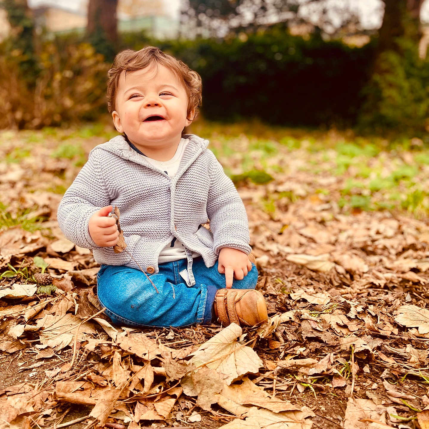 Leo is registered to the contest to win money with this photo: baby, babylaughing, bodypart, clothing, coat, face, finger, hand, happy, head, jacket, jeans, leaf, pants, person, photography, plant, portrait, sitting, soil