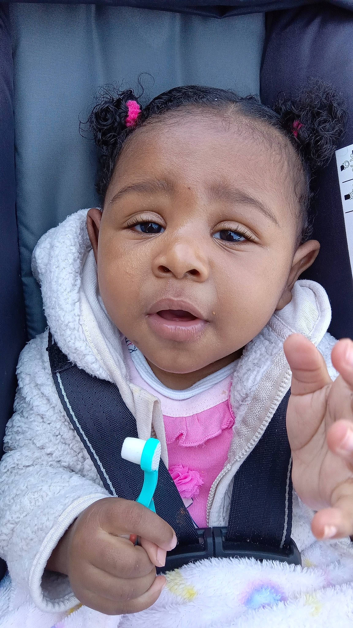 Mylee joined the competition — help win amazing prizes! baby_toddler_clothing, cheek, child, ear, eye, eyebrow, eyelash, finger, gesture, hand, happy, head, iris, lip, mouth, nose, person, pink, skin, sleeve