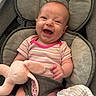 Rowyn joined the competition — help win amazing prizes! baby, smile, happy, plush_toy, baby_seat, infant, clothing, striped_shirt, cute, child, soft_toy, comfort, indoor, person, portrait, expression, head, hand, seat, blanket