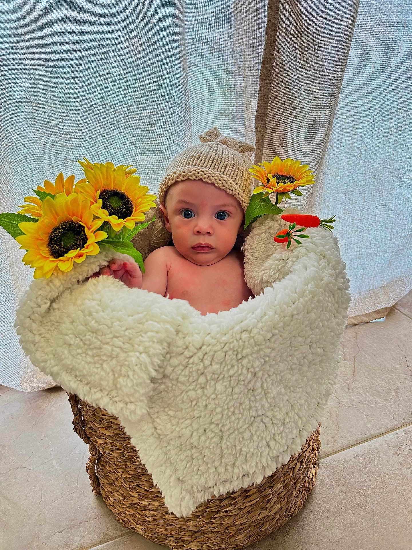 Petru participe au concours pour gagner de l'argent avec cette photo : baby, basket, blanket, hat, sunflower, flower, carrot, floor, tile, curtain, indoors, cute, child, portrait, sitting, warm, soft, woven, decoration, cozy