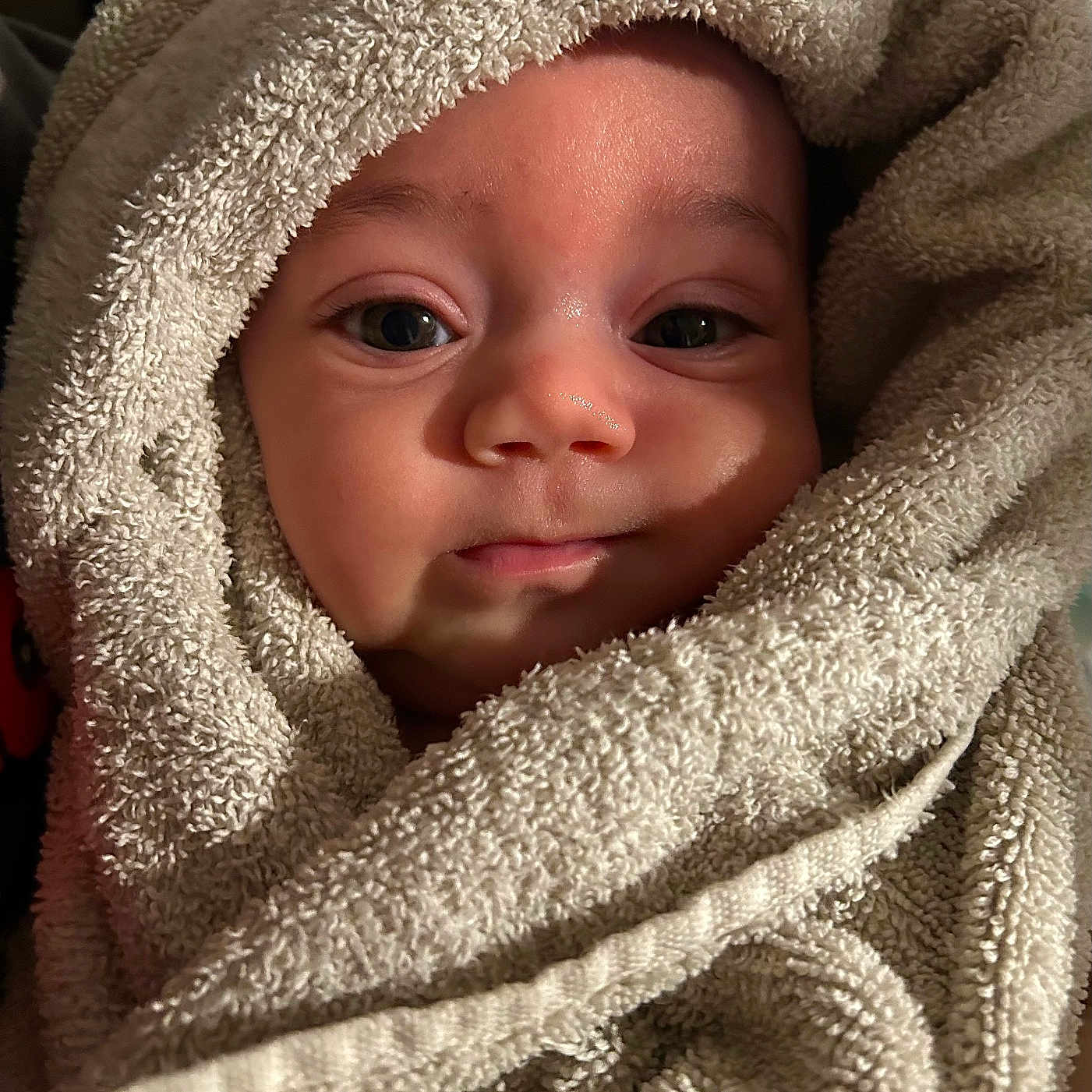 Ace is registered to the contest to win money with this photo: baby, bathtowel, blanket, clothing, face, happy, head, hood, newborn, person, photography, portrait, quilt, smile, towel