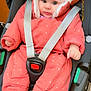 baby, child, infant, car_seat, pink, snowsuit, knit_hat, blue_eyes, winter_clothing, cold_weather, straps, seat_belt, cute, adorable, bundle_up, portrait, indoors, safety, seat, warm