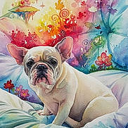 Miss Piggy joined the competition — help win amazing prizes! dog, french_bulldog, watercolor, painting, illustration, pet, portrait, colorful, cushion, bed, floral, whimsical, ears, eyes, snout, sitting, indoor, pastel, vibrant, artwork