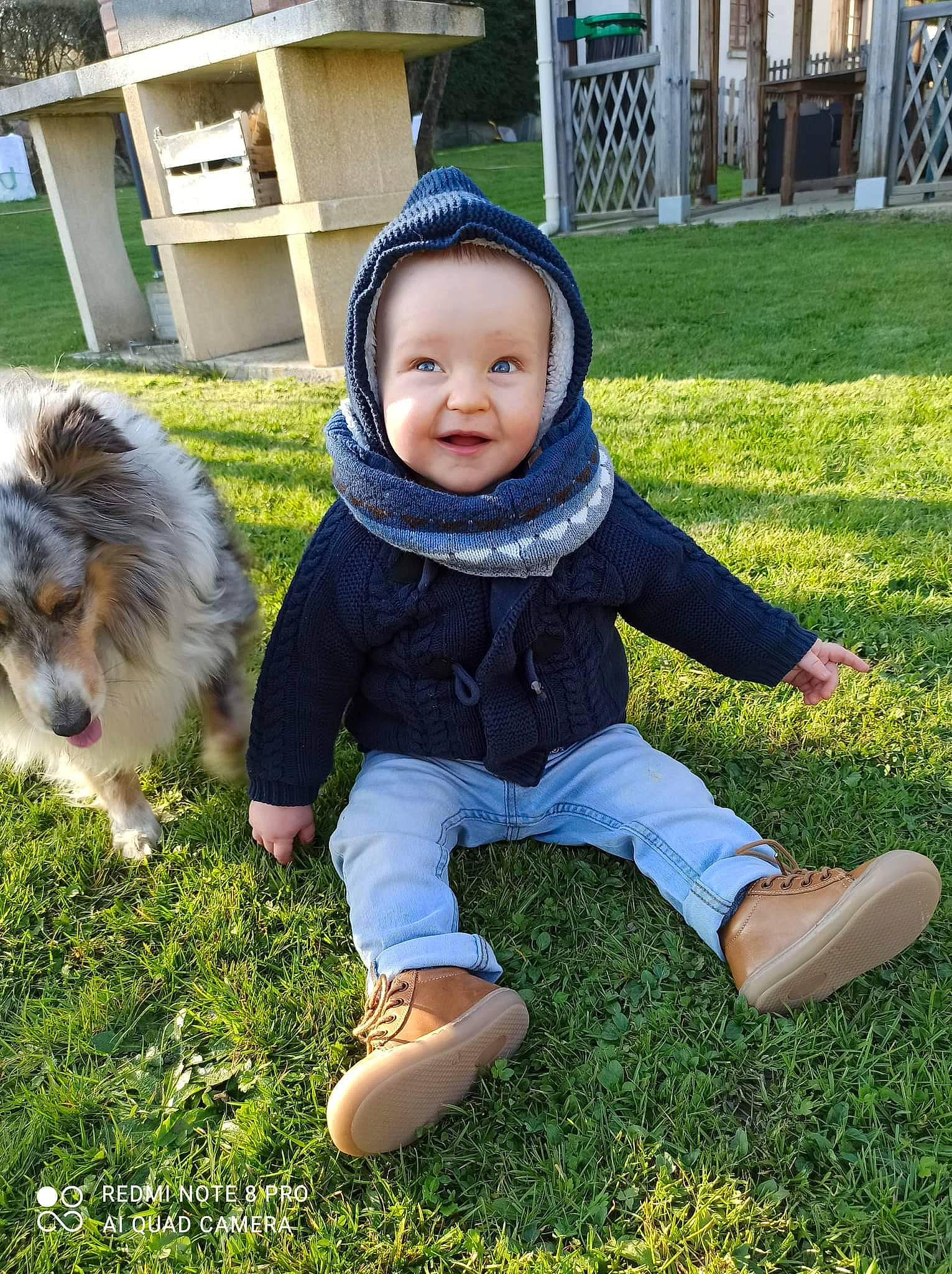 Gabriel a rejoint le concours — aidez-le/la à gagner de superbes lots ! baby, baby_toddler_clothing, carnivore, child, companion_dog, dog, eye, grass, happy, headwear, jacket, lawn, leg, mammal, people_in_nature, person, plant, sitting, smile, toddler