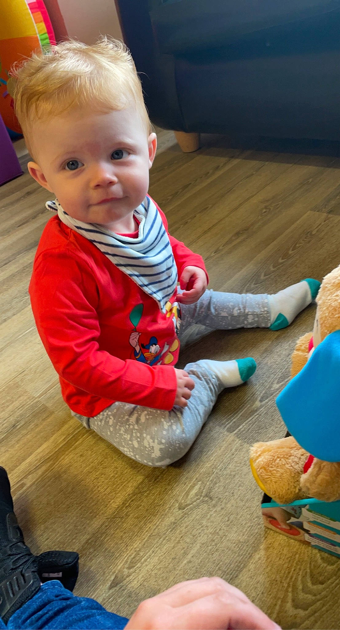 Brody-james is registered to the contest to win money with this photo: baby, baby_toddler_clothing, cheek, child, comfort, face, floor, flooring, happy, hardwood, head, person, shoe, sitting, skin, sleeve, snapshot, sneakers, toddler, toy