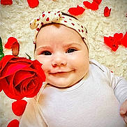 Maëly participe au concours pour gagner de l'argent avec cette photo : baby, infant, smile, headband, hearts, rose, rose_petals, flower, white_background, soft_texture, cute, portrait, closeup, happy, child, laying_down, red, skin, clothing, adorable