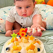 Aviraj joined the competition — help win amazing prizes! baby, balloon, birthday_candle, blueberry, cake, celebration, closeup, cream, cute, fruit, indoor, infant, messy_hand, number_candle, orange_balloon, orange_candle, quilt, star_candle, striped_shirt, yellow_candle