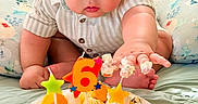 Aviraj joined the competition — help win amazing prizes! baby, birthday_cake, blueberry, cake, candle, celebration, child, cream, decorations, food, frosting, fruit, hand, indoors, orange, person, plush, sitting, six, star