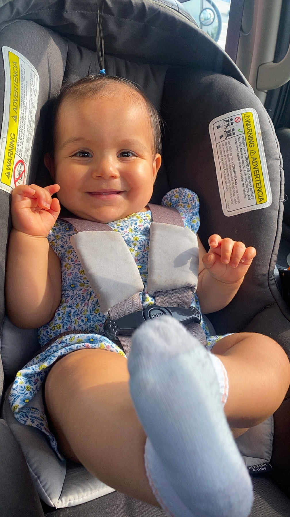 Hailey joined the competition — help win amazing prizes! baby, child, smiling, car_seat, safety_harness, sock, floral_dress, pony_tail, happy, indoors, seat_belt, infant, cute, sunlight, person, portrait, toddler, seat, clothing, hands