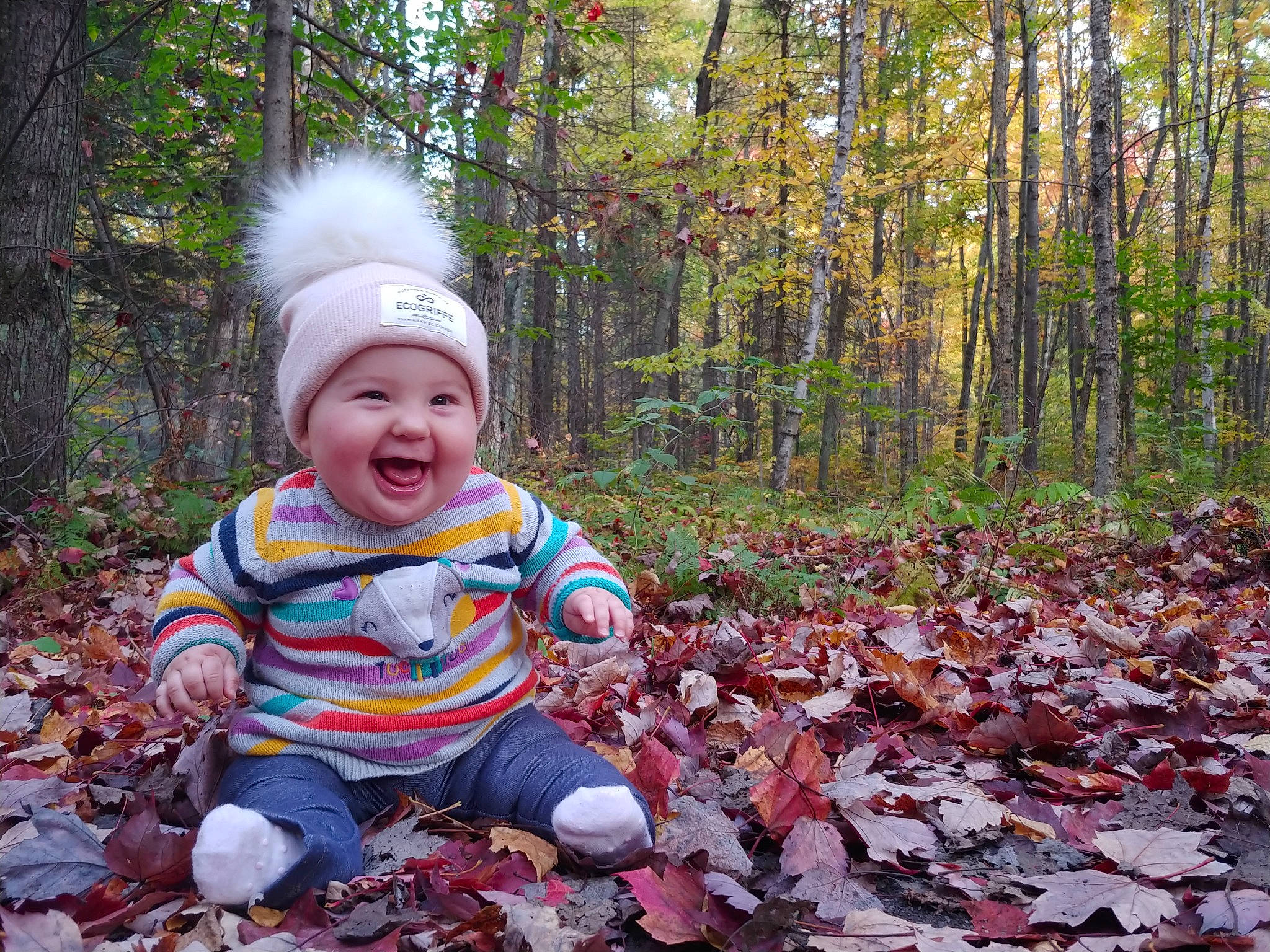 Kassandra participe au concours pour gagner de l&#x27;argent avec cette photo : baby, baby_laughing, baby_toddler_clothing, botany, deciduous, forest, grass, happy, headwear, joy, leaf, natural_landscape, people_in_nature, person, plant, sitting, smile, soil, toddler, tree