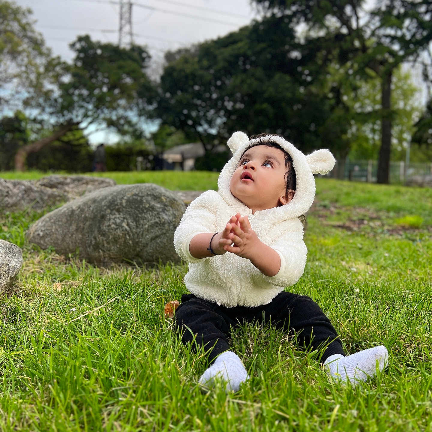 Rihan joined the competition — help win amazing prizes! baby, black_pants, casual, child, curious, cute, daylight, grass, greenery, hoodie, nature, outdoor, park, person, rocks, sitting, socks, toddler, trees, white_clothing