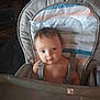 Rj Thomas joined the competition — help win amazing prizes! baby, high_chair, child, indoor, face, person, seat, stripes, curious, toddler, hair, eyes, skin, shoulders, expression, furniture, cushion, light, room, seatbelt