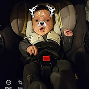 Rj Thomas joined the competition — help win amazing prizes! baby, car_seat, child, face_filter, dog_ears, dog_nose, sparkles, harness, dark_background, infant, cute, expression, seated, clothing, indoors, baby_girl, baby_boy, portrait, photography, technology