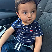 Matthias is registered to the contest to win money with this photo: toddler, child, boy, car_seat, striped_shirt, navy_blue, pants, seat, interior, car, window, curious, portrait, casual_clothing, young_child, sitting, indoors, cute, short_hair, small_person