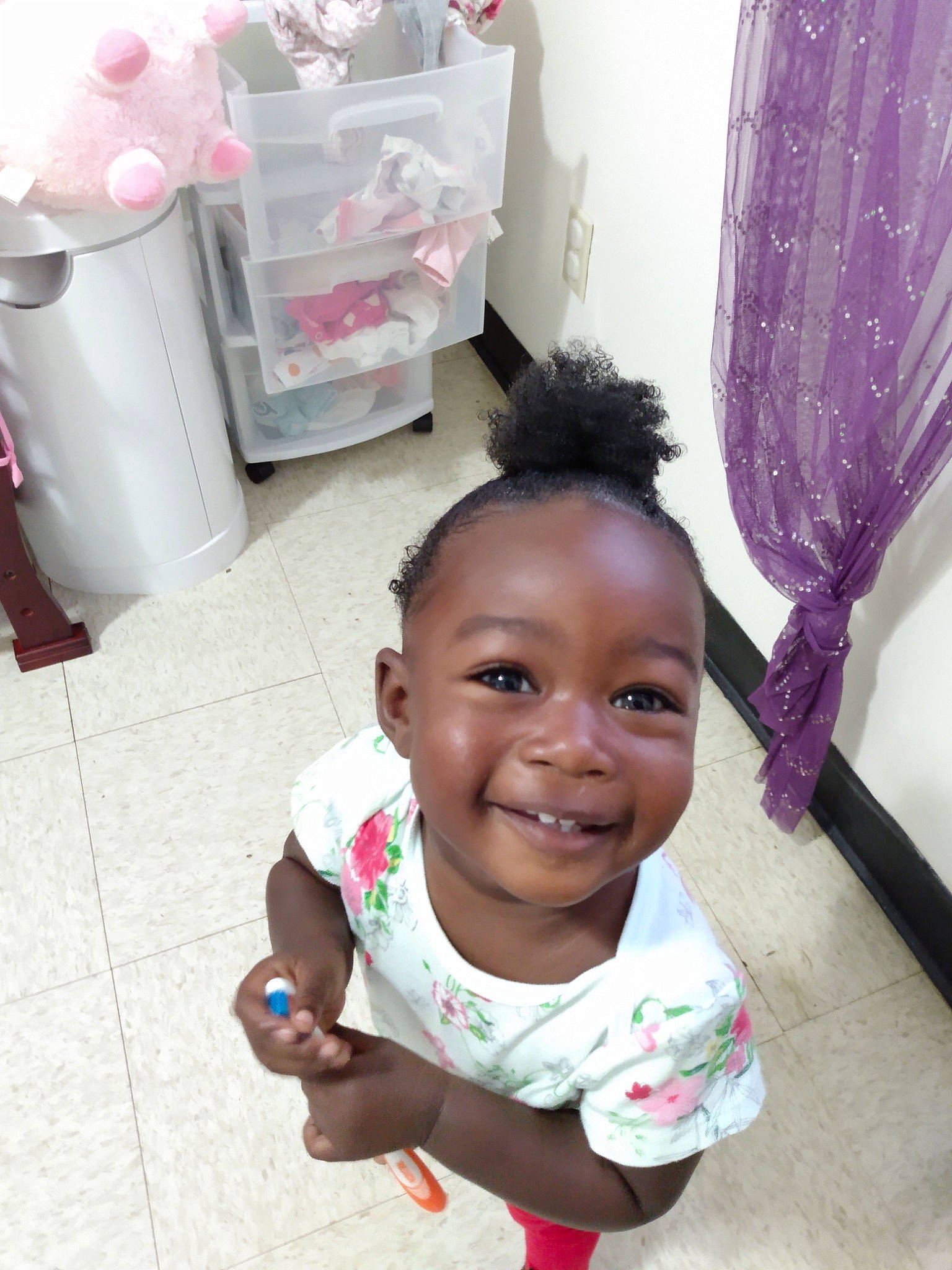 Kylah is registered to the contest to win money with this photo: baby, baby_toddler_clothing, cheek, ear, happy, home_appliance, joy, mouth, natural_material, nose, person, pink, quill, smile, toddler, transparency