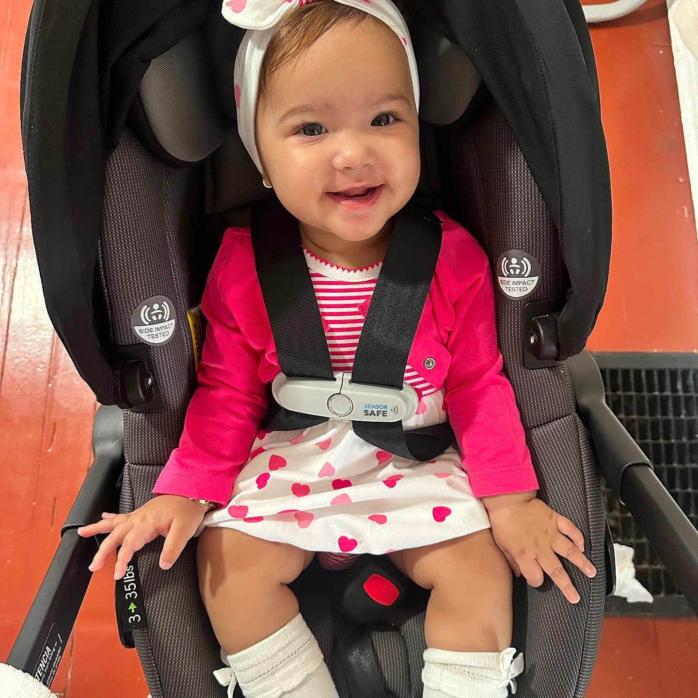 Shaenely joined the competition — help win amazing prizes! baby, babylaughing, blazer, car, car_interior, clothing, coat, dress, face, happy, head, hosiery, jacket, person, photography, portrait, sitting, smile, sock, stroller