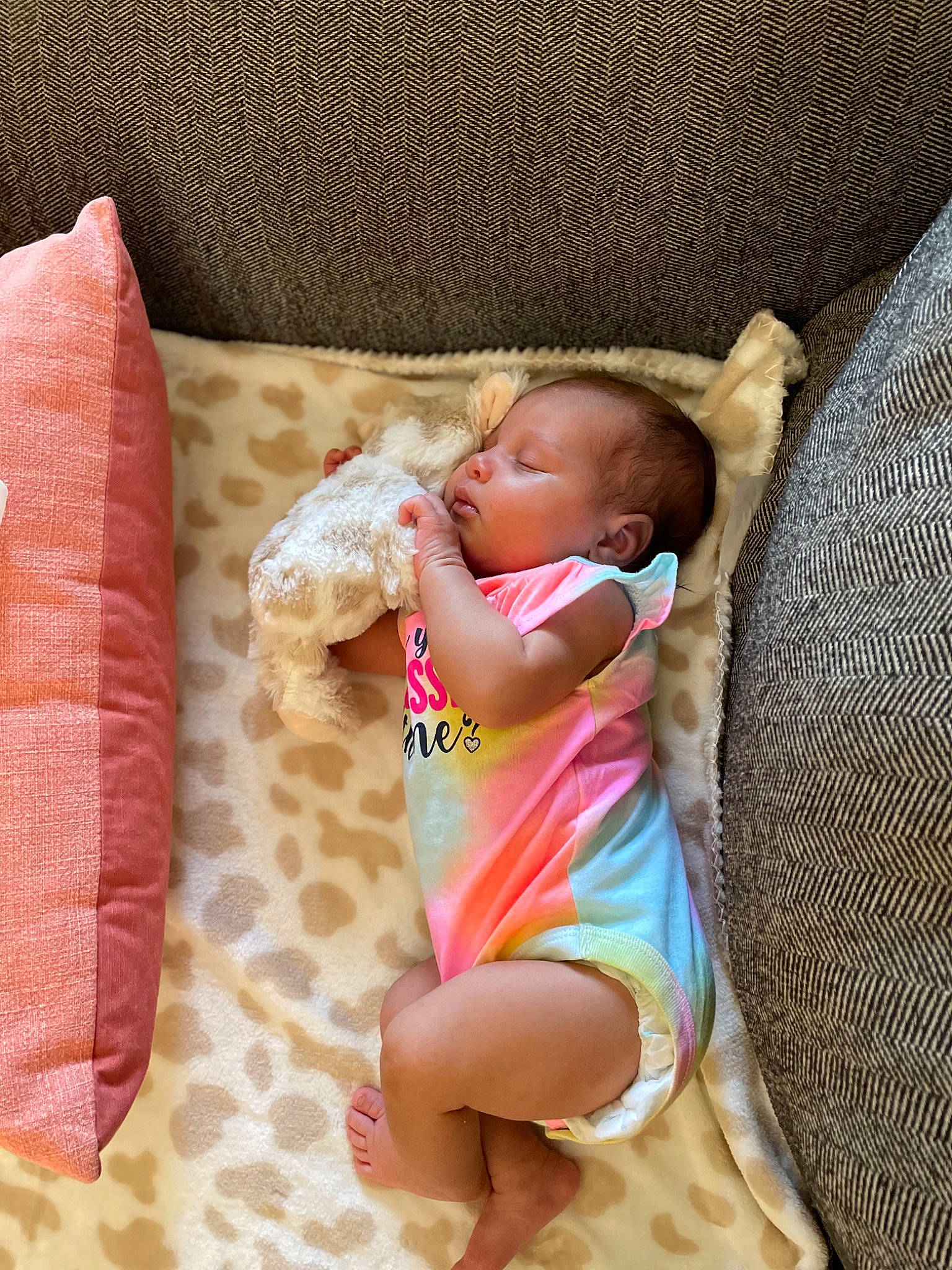 Rhea is registered to the contest to win money with this photo: baby, baby_sleeping, baby_toddler_clothing, bedding, child, comfort, couch, eye, finger, foot, hand, head, linens, person, pink, sitting, skin, studio_couch, textile, thigh